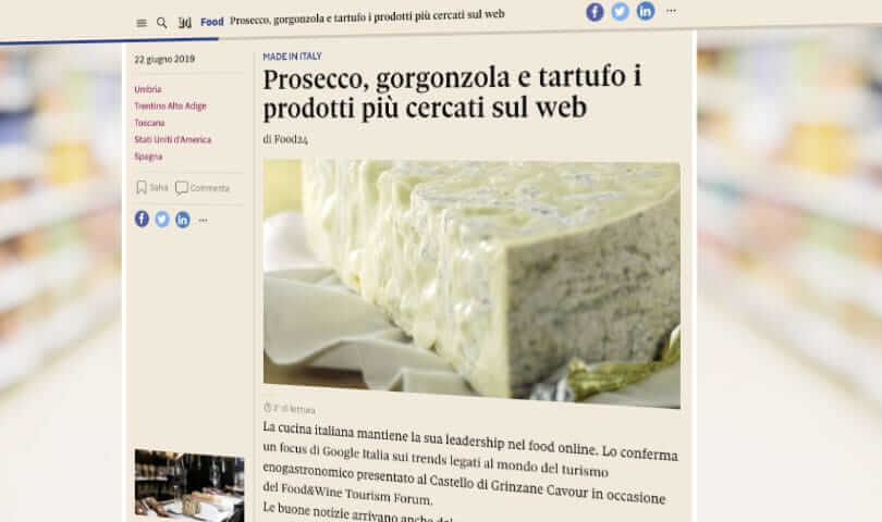 イタリア産の食材はオンラインで最も検索されており、ゴールゴンゾーラはチーズの中でも一番 ”ググられ”ています